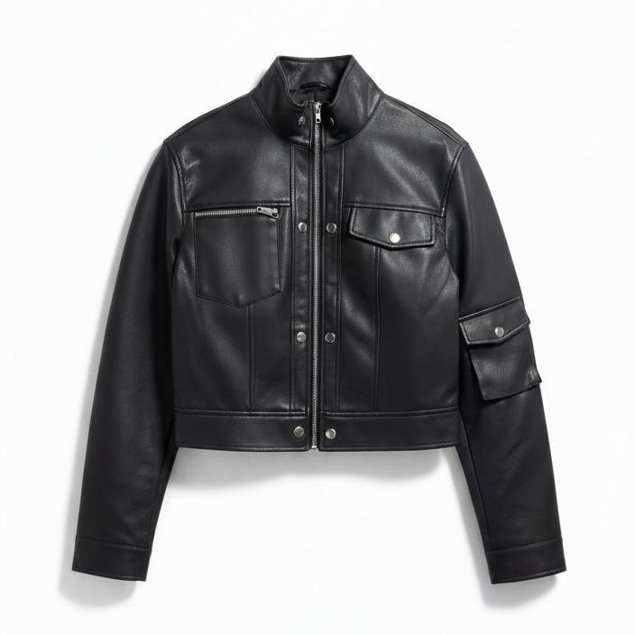 Women's Black Flap Pocket Crop Faux Leather Jacket Fashion Daliy Wear