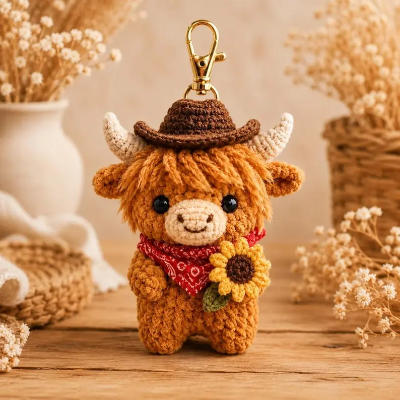 Crochet Highland Cow Keychain, Cowboy Cow Plush with Sunflower, Cute Car Mirror Hanging Charm, Farmhouse Bag Clip, Country Gift for Her
