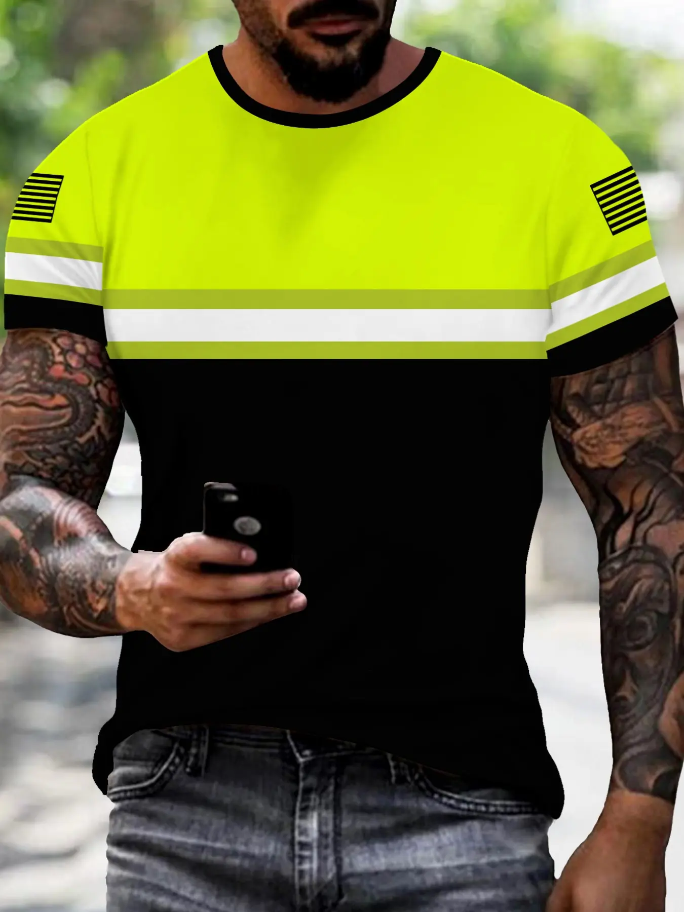 Fluro Reflective Stripes Fitted Round Neck Crewneck T-Shirt Tops, American Safety Style Casual Short Sleeve Streetwear Man, Fashionable Comfort Print Design, Ideal Daily Wear Gift Choice