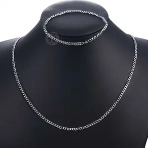 Hermah Unisex 3MM Jewelry Set Stainless Steel Curb Cuban Chain Necklace Bracelet Silver Color for Men Women