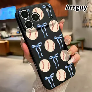 Ribbon and Softball Pattern Straight Edge Phone Case for iPhone 17 15 16 14 Pro Max 13 12 11 XR XS Plus Air E Shockproof Full Camera Protection Durable Slim Liquid Silicone Cover Smartphone Casing