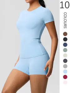 Women's Solid Tee & Shorts Set, Sporty Round Neck, Sporty Breathable Quick Drying Tummy Control Butt-lifting Outfits for Yoga Running, Ladies Sportswear for All Seasons, Athletic Gym Clothing, Yoga Workout Activewear, Workout Casual Wear, Yoga Clothes