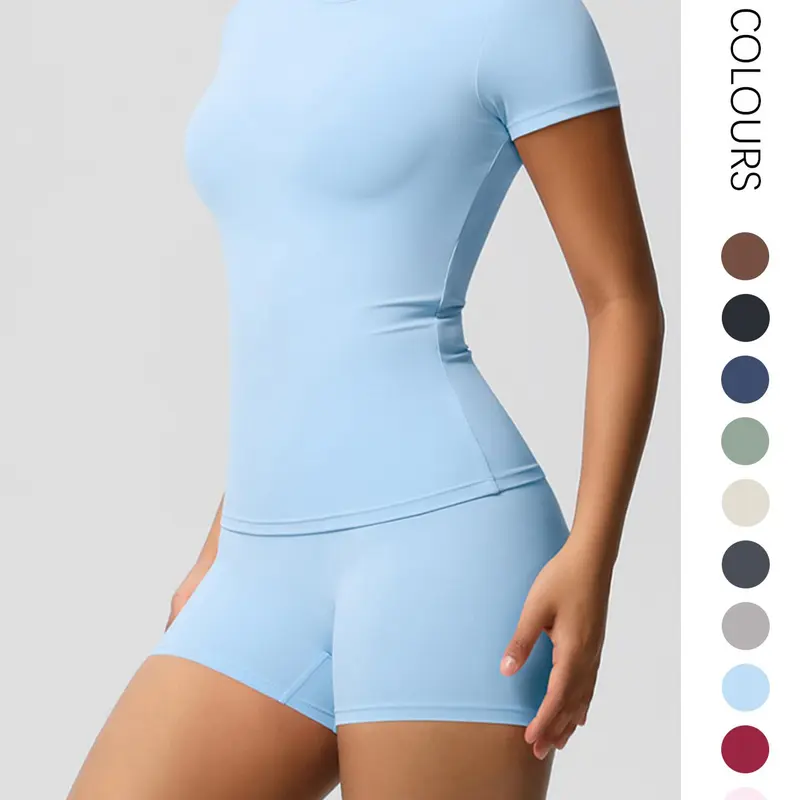 Women's Solid Tee & Shorts Set, Activewear Fitness Outfit, Activewear Workout Set, Fitness Sportswear Set, Sporty Round Neck, Breathable Quick Drying Tummy Control Butt-lifting Outfits for Yoga Running, Ladies Sportswear, Athletic Gym Clothing