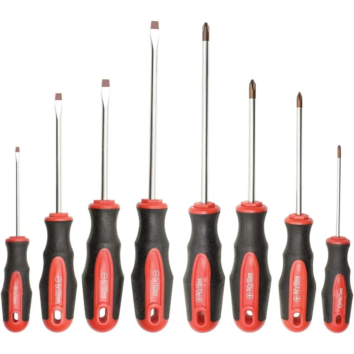 8-Piece Professional Magnetic Screwdriver Set - 4 Phillips (3*75mm, ph1*100mm), 4 Slotted, Red Tips, Ergonomic Non-Slip Cushion Grip, High Torque, Rust Resistant Chrome-Plated Gloss Rod, Enhanced Durability, Compact Packaging, Anti-Corrosion, 5*100Mm