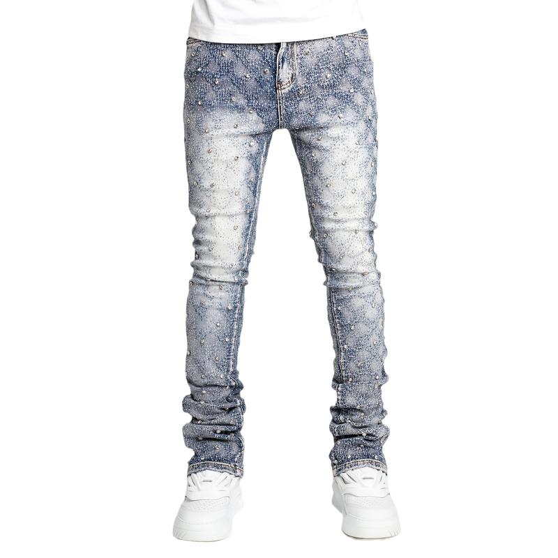 Y2K Men's Shiny Rhinestone Embellished Stretch Slim-Fit Jeans, Casual Street Style Hip-Hop Skateboarding Rap Pants, Machine Washable - All-Season Wear