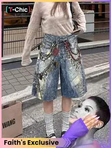 Dark Acid Wash Pastel Chain Print Denim Jorts, Kawaii Heart Star Embellished Baggy Shorts, Trendy Y2K Aesthetic Streetwear for Festivals & Daily Wear Pockets, Casual Fashion Shorts