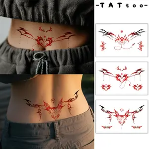 3Pcs Waterproof Temporary Tattoos For Women, Red Wings Heart Design Waist Abdomen Tattoo Stickers, Bikini Chest & Belly Body Art, Long Lasting 2-5 Days For Music Festival Rave Party
