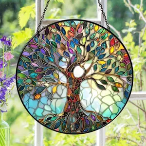 Tree of Life Suncatcher Stained Glass Window Hanging, Stained Glass Suncatchers for Windows Hanging Housewarming Gifts Sun Catcher Decor