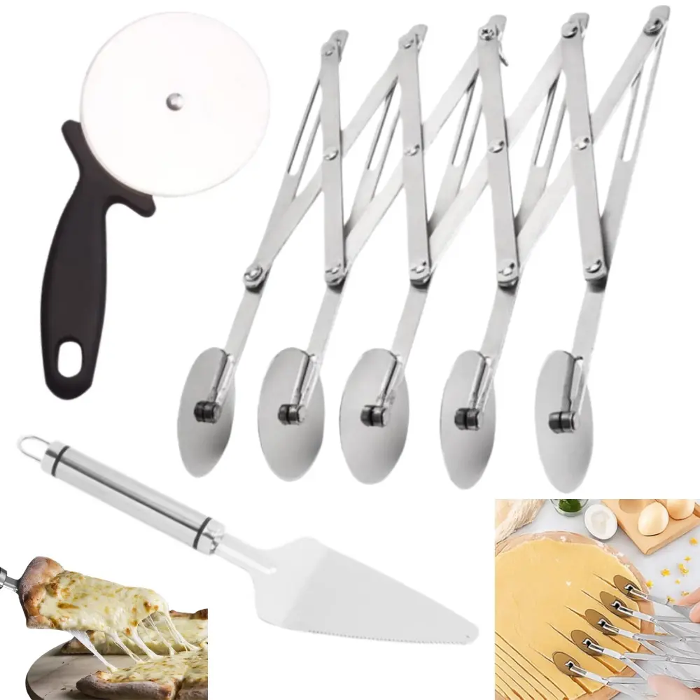 3 piece Wheel Pizza Slicer Stainless Pizza Slicer Expandable Dough Cutter Wheel with Handle Multi-Round Pastry Knife
