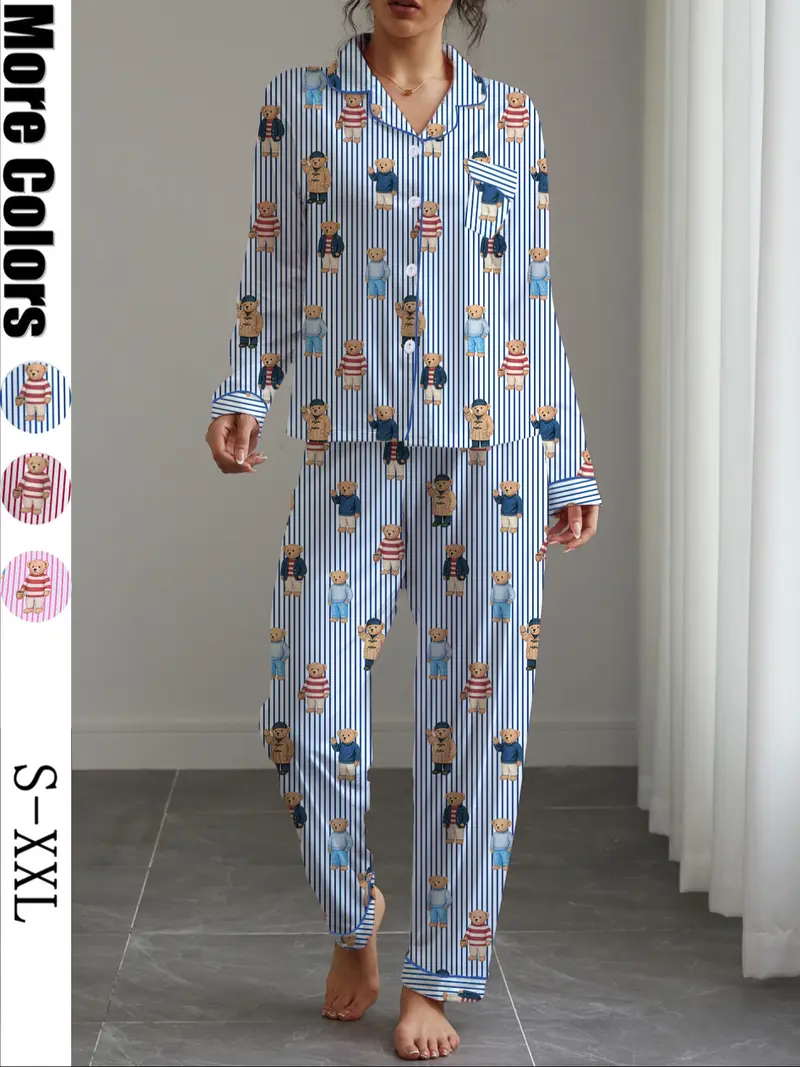 Women's Fall & Winter Pajama Set, Bear Print Sleepwear, Casual Long Sleeve Shirt and Elastic Pants, Soft and Stretchy Fabric