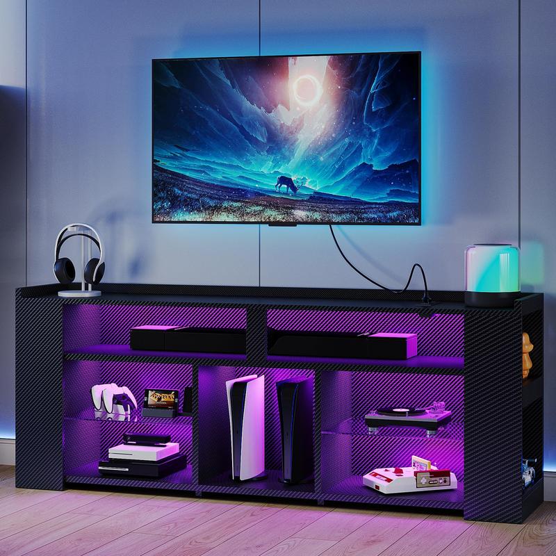 IRONCK Entertainment Center with Storage, Tall TV Stand W/Power Outlet, LED Gaming TV Cabinet for PS5, Black TV Stand with Carbon Fiber