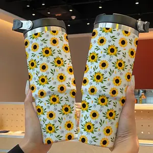 30oz Insulated Portable Water Bottle with Straw, Sunflower Print Design, Durable 304 Stainless Steel Coffee Mug Tumbler Insulated Cup for Sports, Outdoor, and Travel