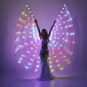 LED Isis Wings Glow Light Up Belly Dance Costumes with Sticks Performance Clothing Carnival Halloween Voice-controlled light
