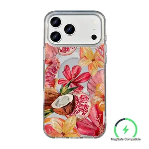 Tropical Watercolor Floral MagSafe Clear Phone Case, [1pcs] Summer Coconut Aesthetic, Shockproof PC+TPU Magnetic Cover IPhone case