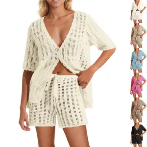 FMEYOA Womens Crochet 2 Piece Swimsuit Cover Up Short Sleeve Knit Tops Shorts Sets Summer Beach Vacation Outfit