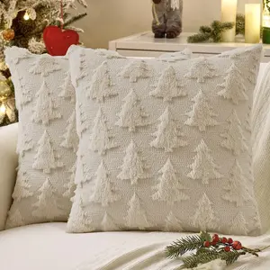 Set of 2 Christmas Throw Pillow Covers - Beige Plush Faux Wool Xmas Tree Design 18x18 MIULEE
