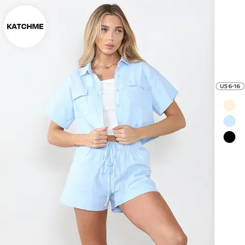 KatchMe Women's Trendy Collared Neck Flap Pockets Button Blouse & Elastic Waist Drawstring Shorts Co-ord,Street Womenswear,Plain Two Piece Outfits Set