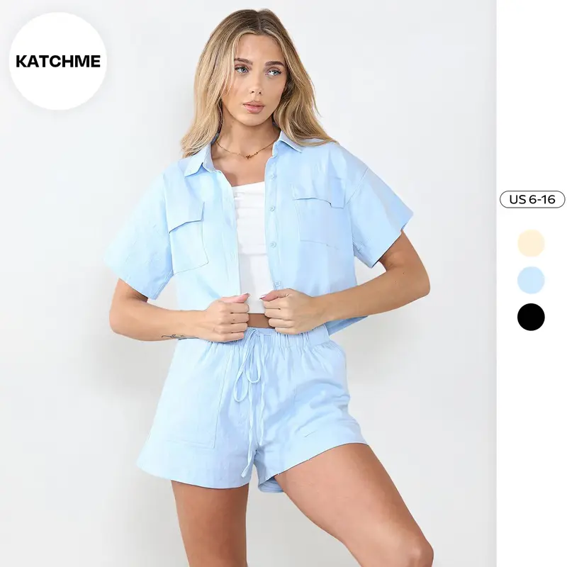 KatchMe Women's Trendy Collared Neck Flap Pockets Button Blouse & Elastic Waist Drawstring Shorts Co-ord,Street Womenswear,Plain Two Piece Outfits Set