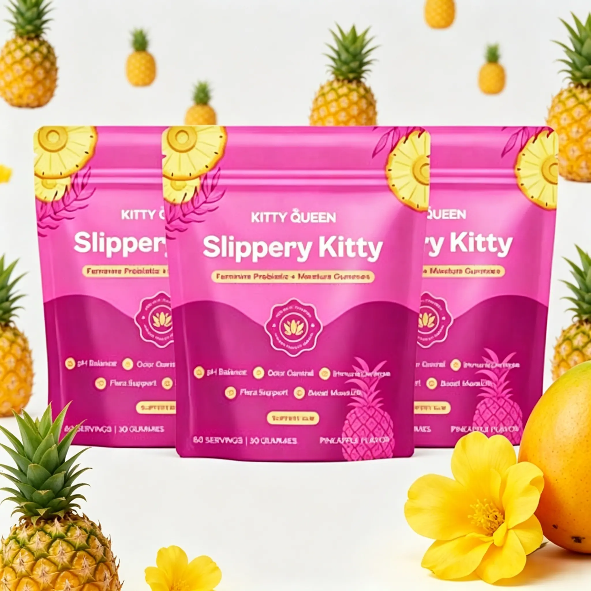 Slippery Kitty Feminine Probiotic + Moisture Gummies - All in One Solution with Slippery Elm 60 Count Pineapple Flavor