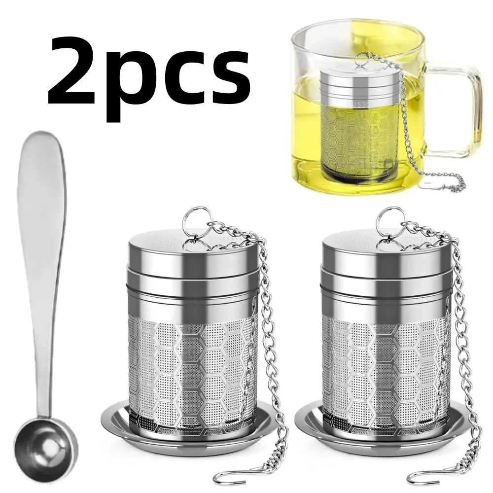 2-Piece Stainless Steel Tea Infusers - Reusable Mesh Texture Strainers with Threaded Cap, Spoon, Extra Fine Mesh Steeper, Dishwasher-Safe for Black Tea, Rooibos