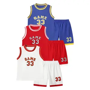 6-piece #SummerVibes children's basketball suit, boys' and girls' jerseys, ball pants suit, digital letter printed summer lightweight basketball vest and shorts.
