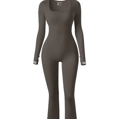 OYV Women's Square Neck Long Sleeve Stretch Tummy Control Yoga One Piece Ribbed Flare Jumpsuit
