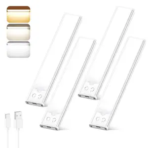 4 Pack Motion Sensor Under Cabinet LED Lights, USB Rechargeable Battery Powered Wireless Magnetic LED Strip Lights, Stick-On Night Light for Kitchen Counter Closet Wardrobe Cupboard Stair, Auto Shut-Off, Eye-Care Soft Gradual Brightness