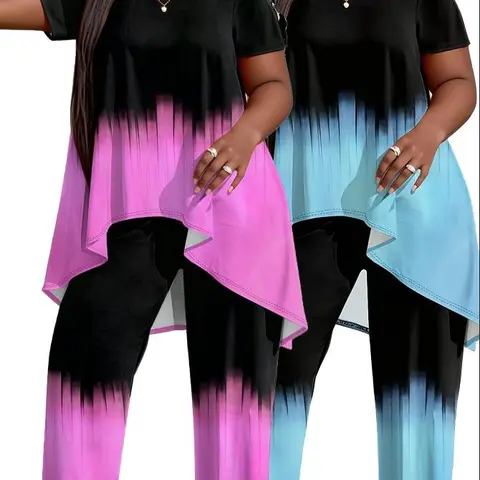 Women's Plus Size 2-Piece Casual Wear Set - Short Sleeve Chic Top, Solid Slim Pants, Spring Summer Stylish Outfit, Machine Washable Comfortable Plus Size Clothes