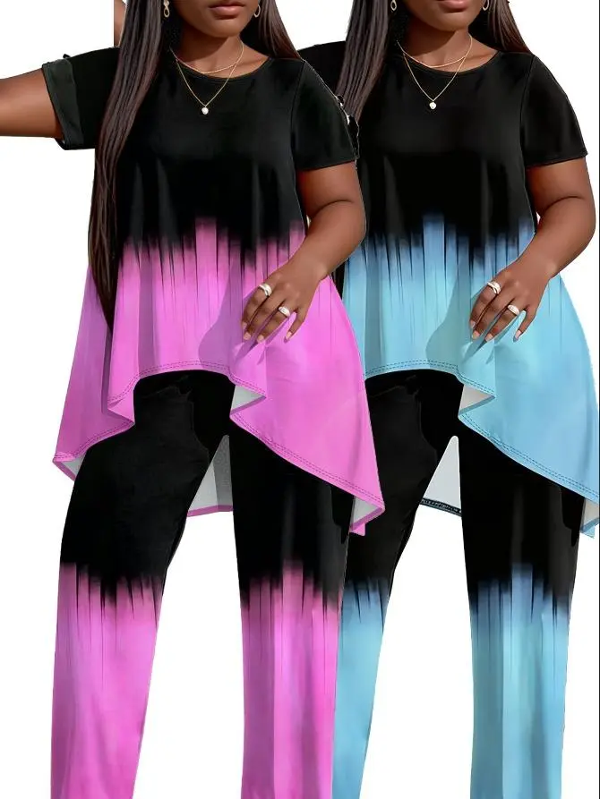 Women's Plus Size Loose 2-Piece Everyday Casual Wear Set - Short Sleeve Top & Solid Slim Pants, Spring Summer Elegant Outfit, Machine Washable Comfortable Women's Clothes