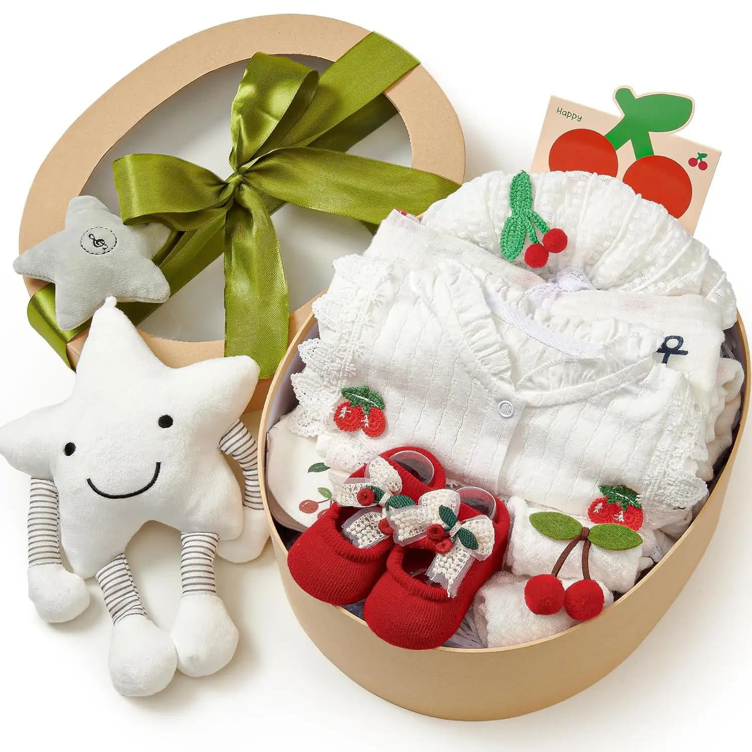 Golray Cherry Baby Shower Gifts for Girls, Baby Girl Gifts Baskets with Musical Plush Toy, Blanket/Bodysuit Set, New Born Essential Stuff, Gender Reveal Ideas Infant New Born Baby Girls