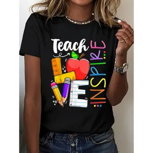 Women's Cute Teach Love And Inspire Teacher T-Shirt 100% Cotton Short Sleeve Crew Neck Black Top Womenswear Casual Crewneck