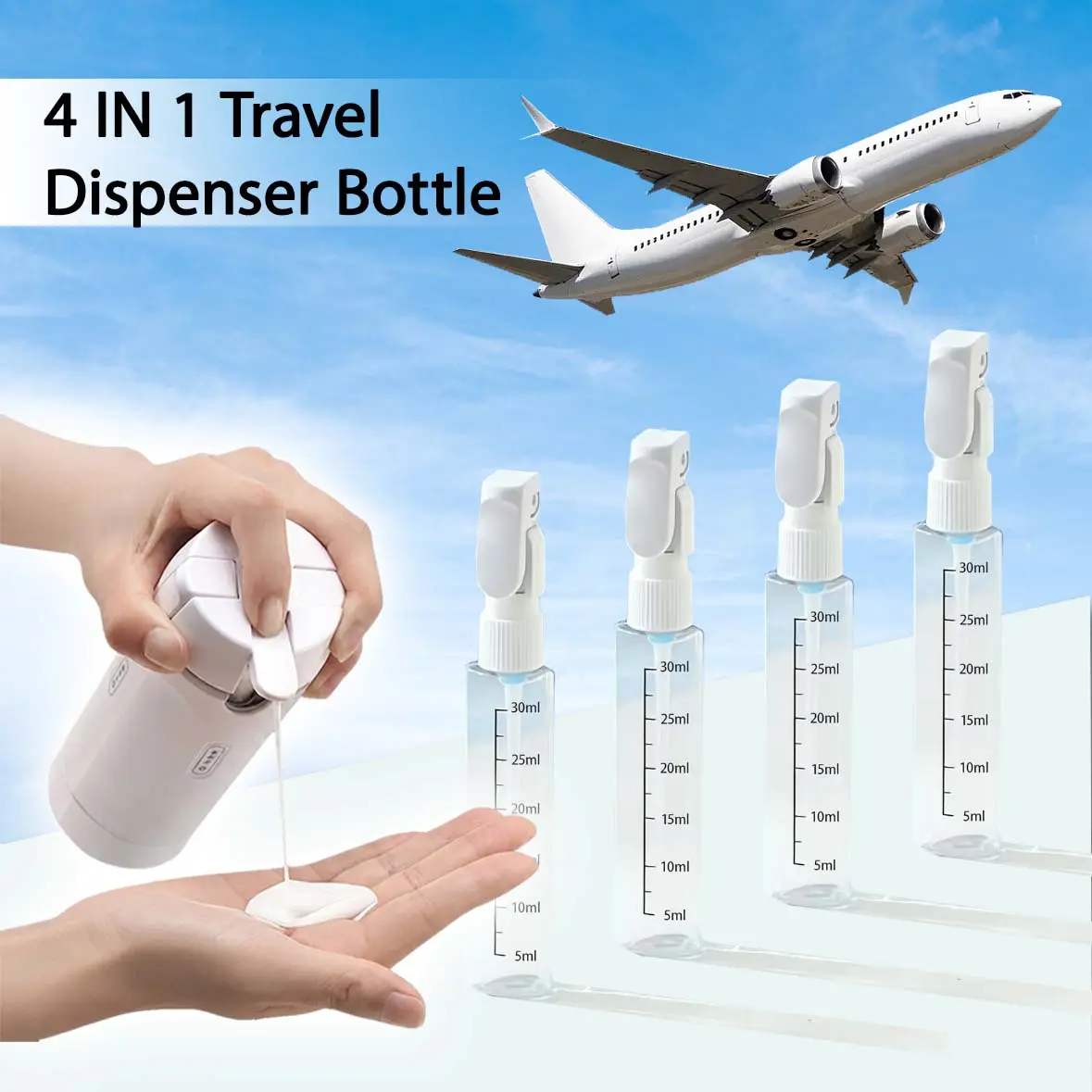【weeklydeals】4-in-1 Travel Dispenser Bottle Set, Portable Leak-Proof Refillable 30ml Spray Bottles with Scale Marks, Detachable Cosmetic Containers with Switch, Tin Canister Organiser for Shampoo, Lotion, Perfume, Airplane Carry-On Travel