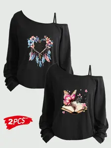 Women's Plus Size 2-Piece Set, Printed Long Sleeve & Short Tank Top, Asymmetrical Neckline, Loose Fit, All Seasons, Sizes 1-8xl