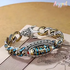Anygoal Men's Tibetan-Style Rotatable Dzi Bead Bracelet - 6-Character Mantra, 9-Eyed Accent, Turquoise Bead Chain - Unisex Good Luck Amulet for Meditation, Daily Wear (Sports & Outdoor Wristband Accessory) neodymium magnet
