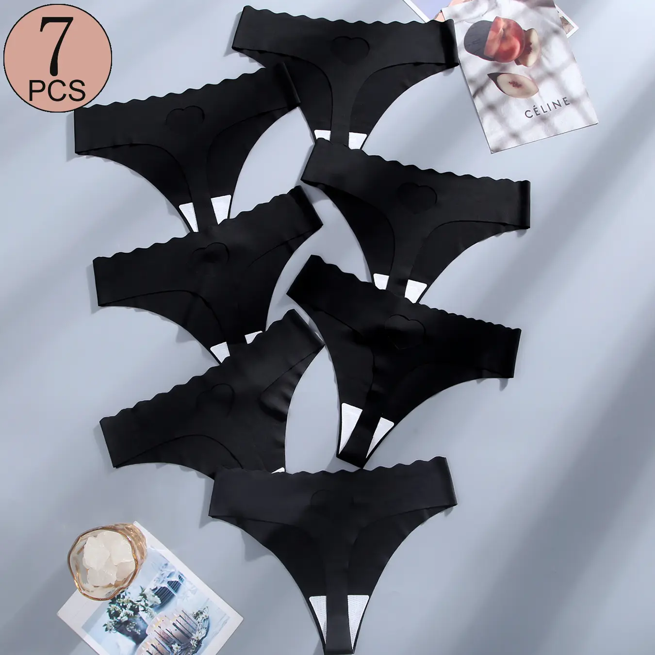 VOPINK Women's 7-Pack Minimalist Seamless Panties, Basic Solid Black Polyamide-Elastane Underwear, Quick-Dry, Breathable, High-Elasticity for Comfortable Daily Fit, Chinese New Year Fantasy Style