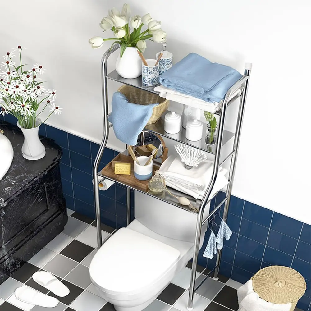 Garvee Space-Saving Over-Toilet Stainless Steel Bathroom Shelves - Multi-Tier Storage with Open Shelves, Towel Hooks, and Toilet Paper Holder - Easy Assembly, Freestanding for Bathroom, WC, Laundry