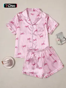 Valentine's Day Women's Pajama Set, Comfortable Cute Elastic Striped Bow Lapel Shirt and Pants Two-Piece Sleepwear