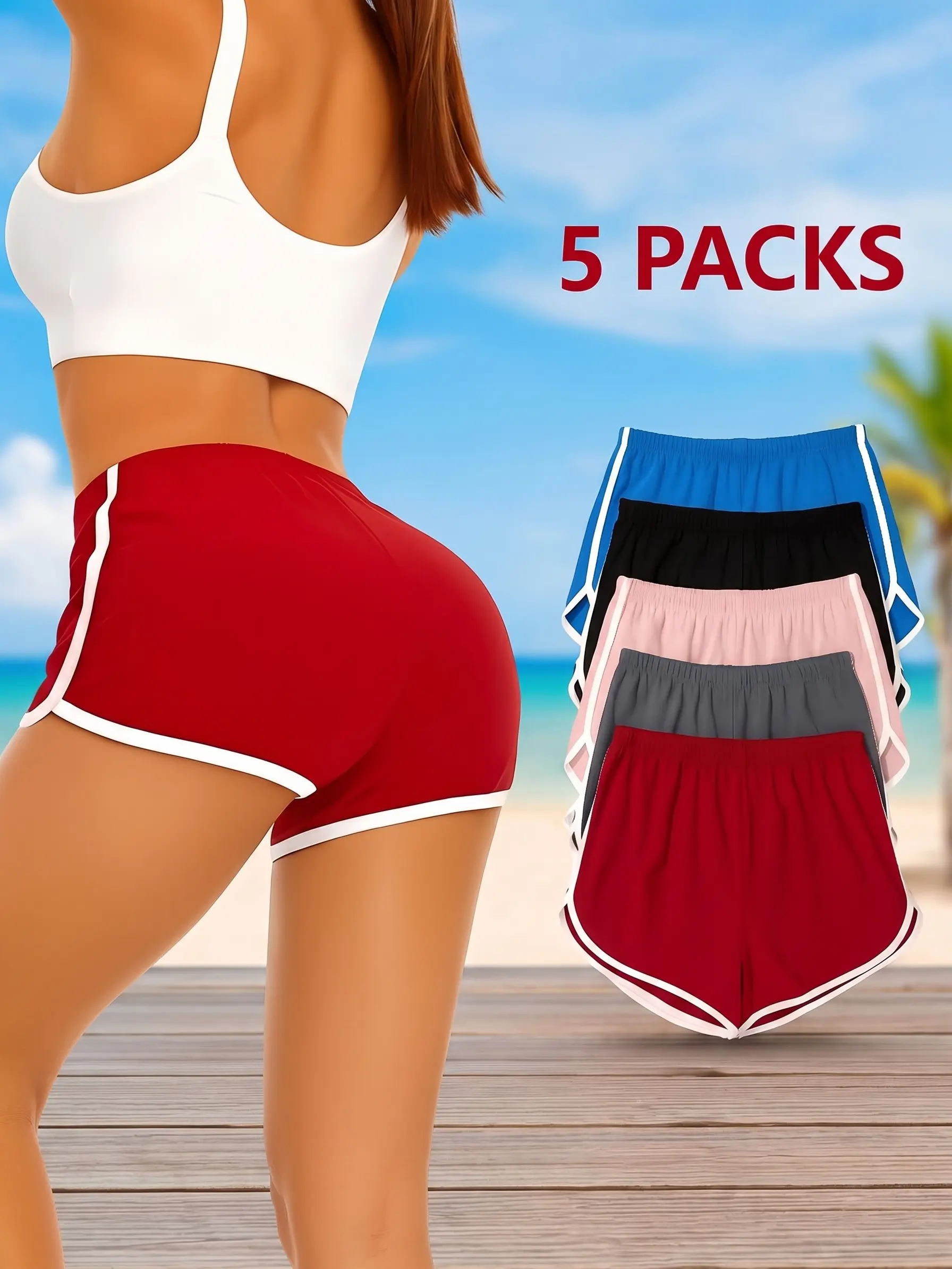 Women's Retro Athletic Cute High-Waisted Above Knee Dolphin Shorts with White Piping, Quick-Dry Comfy Dancing Figure-Flattering Gym Bottoms, 5-Pack Womenswear Basics