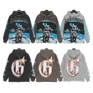 Godspeed American Rock Streetwear Hoodie - Vintage Washed Loose Oversized Unisex Pullover Sweatshirt, Raw Edge Craft HD Graphic Print, Retro Hip Hop Casual Top, 4th of July Festival Outfit