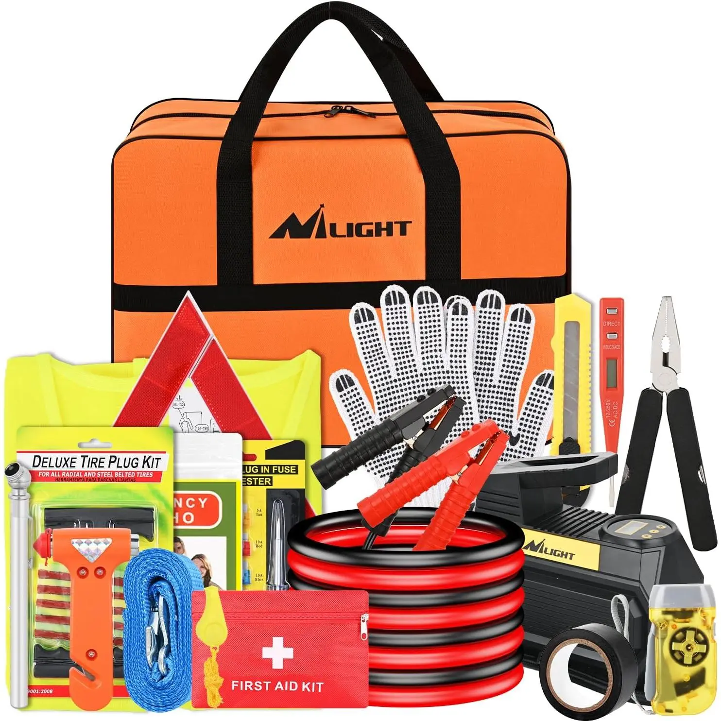 Nilight Car Emergency Survival Kit - Automotive Tool Set with Jumper Cables, Air Compressor, Tire Repair Essentials, First Aid Kit, Alligator Connectors for Cars, Trucks (Family Hiking, Outdoor Cycling Use)