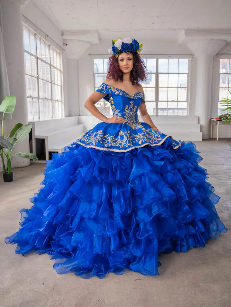 blue charro quinceanera dresses Floral Charro Quinceanera Dress by Rachel Allan RQ5016 30W / White Multi main image 1