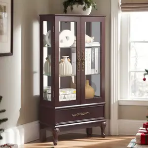 Eyisean 52" Lighted Curio Cabinet with Drawer, Vintage Glass Curio Showcase with 3-Tier Adjustable Shelves & Mirrored Back Panel, Light Blub Included, Wooden China Cabinet with Tempered Glass Doors for Living Room, Bedroom, Dining Room