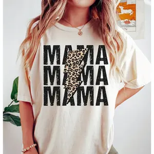 MAMA Crew Neck T-shirt, Mama Leopard Print Shirt, Mother's Day Shirt For Mom, Casual Drop Shoulder Short Sleeve T-shirt, Women's Clothing