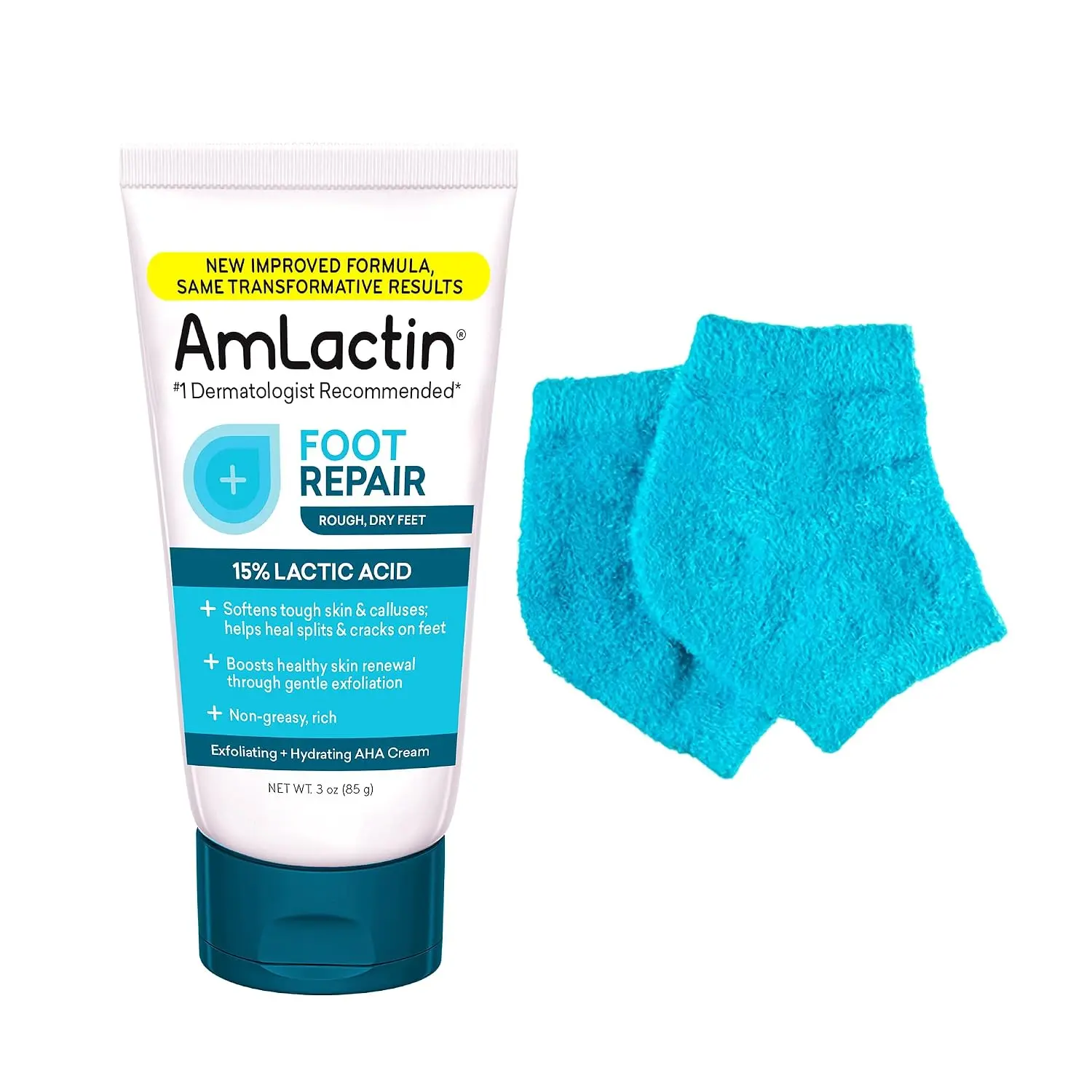 AmLactin Foot Repair Cream with Moisturizing Socks, 15% Lactic Acid, 3 oz – Exfoliates & Softens Dry, Cracked Heels & Rough Feet Without Scrubbing