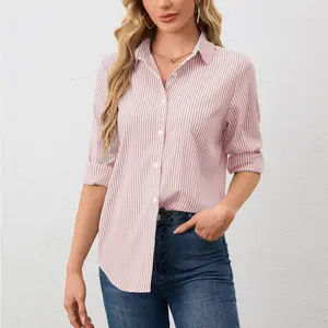 YAMANMAN Women's Striped Print Button Down Shirt Casual Longsleeves Collared Top for Daily Stripes Button Up Shirt Blouse for Office & Casual Outfits Womenswear Blouse basic tops office outfits women women’s clothes Elegant Style