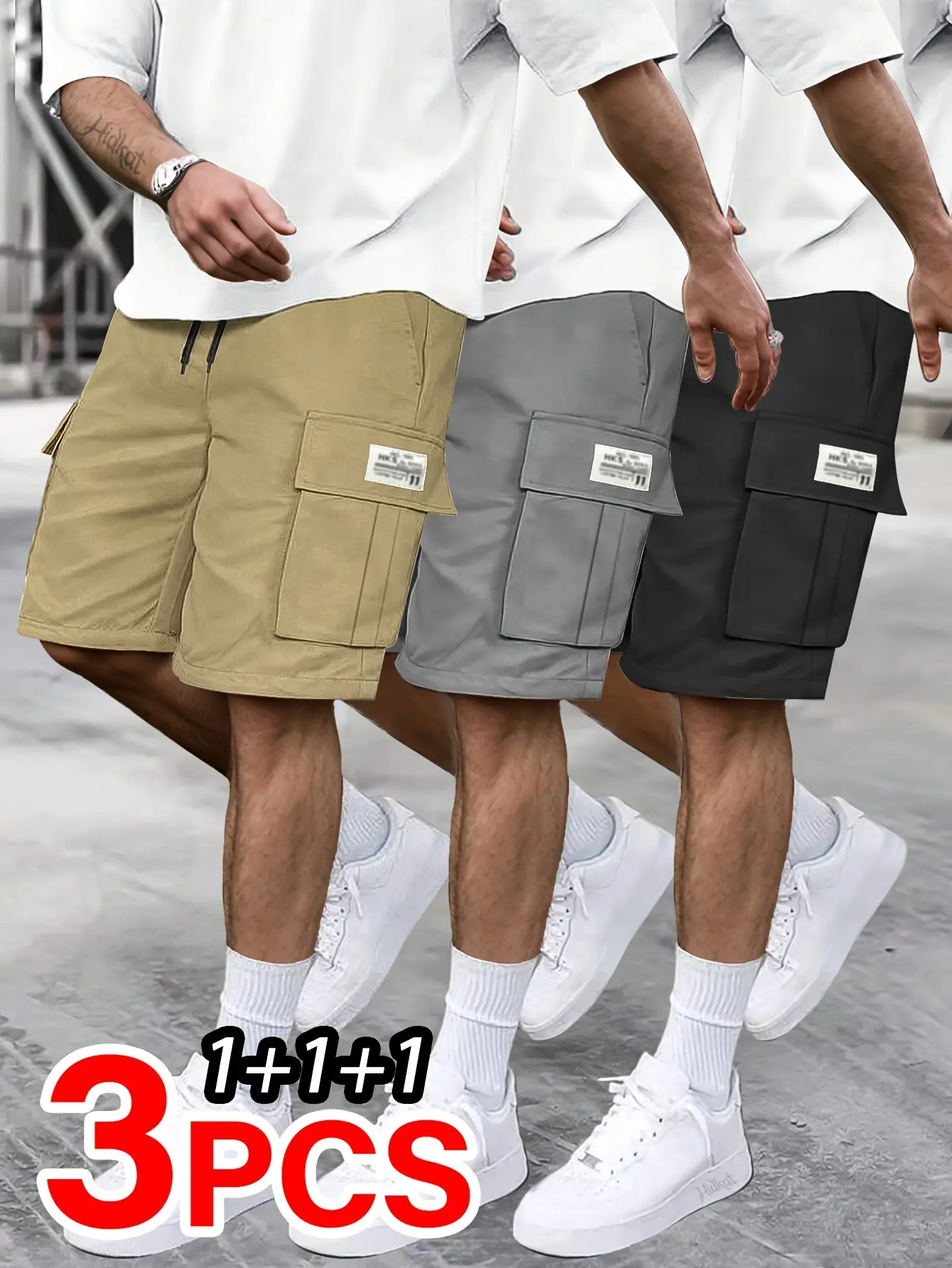 Men’s Cargo Shorts 3-Pack – Adjustable Drawstring, Casual Style, Multiple Pockets, Polyester, Suitable for Outdoor Sports and Leisure, Summer