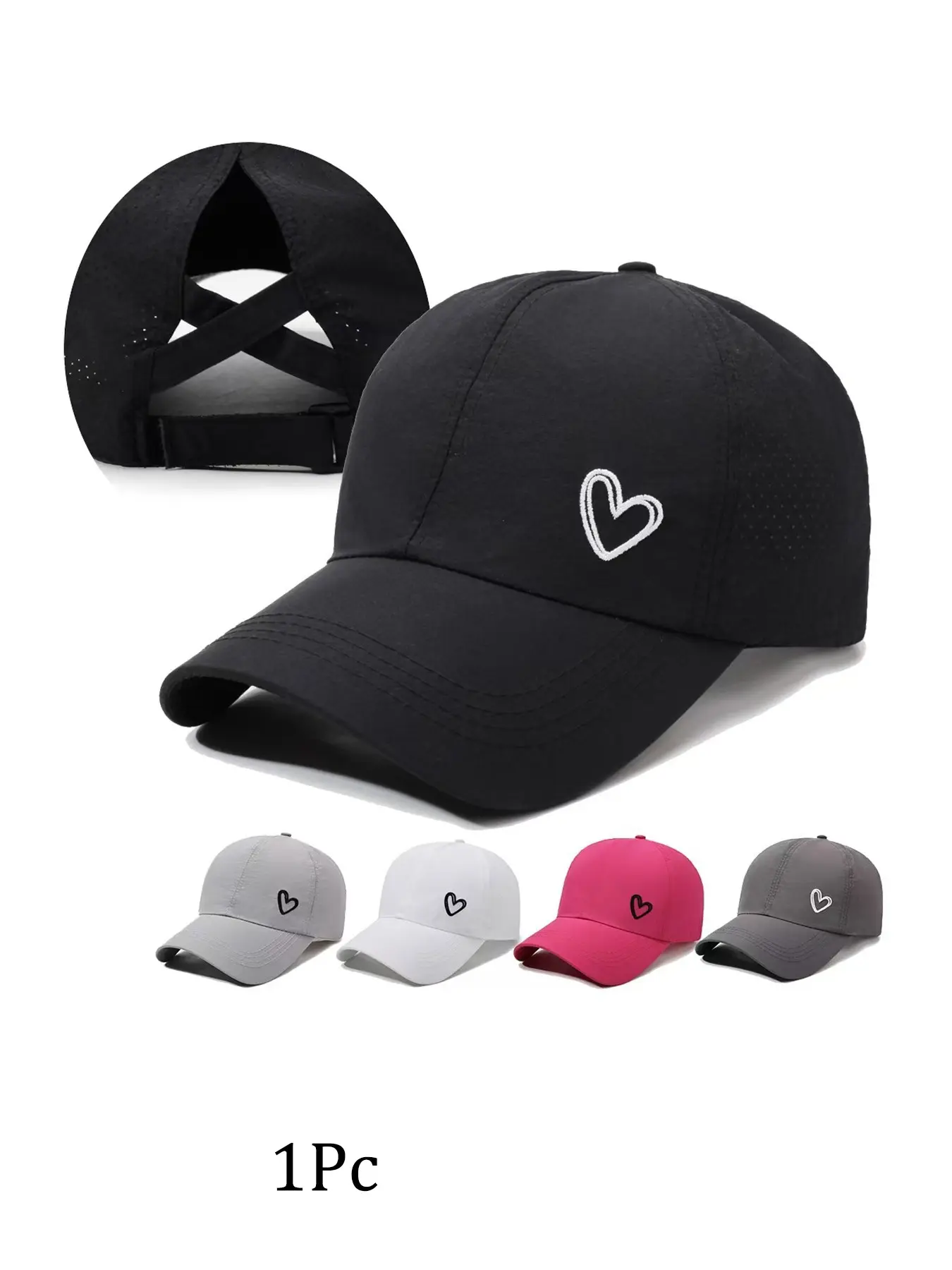 Women's Ponytail Baseball Cap, Hollow Out Cross Back, Breathable Mesh Sun Hat, Heart Embroidery, Adjustable, Summer Outdoor Running Golf Visor