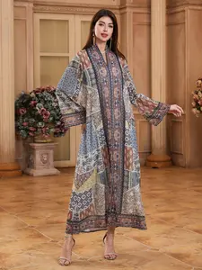Middle Eastern Muslim V-Neck Long Sleeve, Ethnic Print Embellished with Rhinestones, Stylish Traditional Clothing, Modesty Muslim Clothing, Modesty Abaya, For Muslim