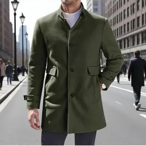 Mens Pea Coats Single Breasted Stand Collar Casual Slim Fit Trench Coat Mid Long Winter Overcoat with Pockets