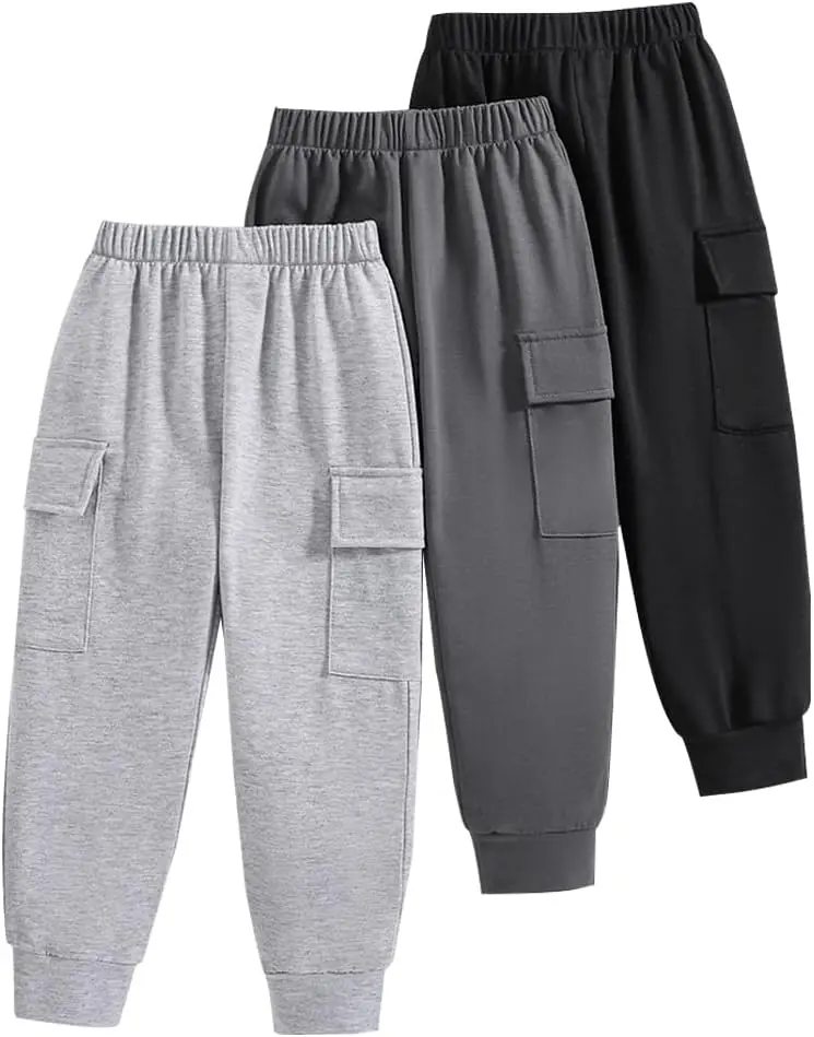 Nivne Tco Boys Casual Pants-Solid Color Soft Trousers-Toddler Boys 3 Pack Sweatpants Set (3-7 Years)